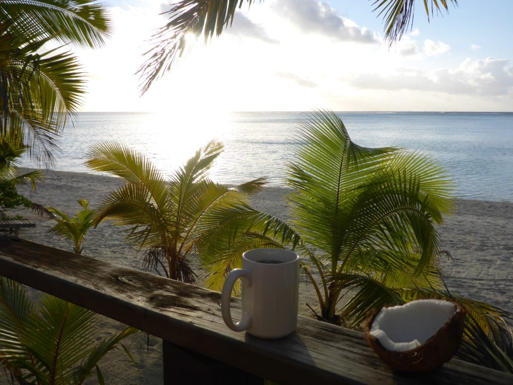 Coconut and tea time, looking west from Vaikoa (Aitutaki)